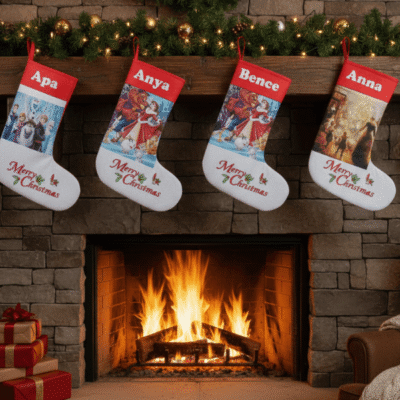 Négy személyre szabott karácsonyi mikuláscsizma kandallóra akasztva, nevekkel ellátva: Apa, Anya, Bence és Anna. A csizmákon különböző ünnepi grafikák láthatók, háttérben égő kandalló és karácsonyi díszítés.