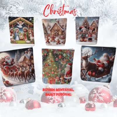 Egyedi karácsonyi mintás dekorációk, saját fotóval is rendelhetők, mikulásos és ünnepi jeleneteket ábrázoló díszítésekkel.