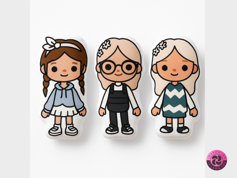 Egyedi formapárna gyerekeknek 2 Három különböző megjelenésű, rajzfilmszerű lányt ábrázoló formapárna fehér háttéren, egyedi kézműves mintával.