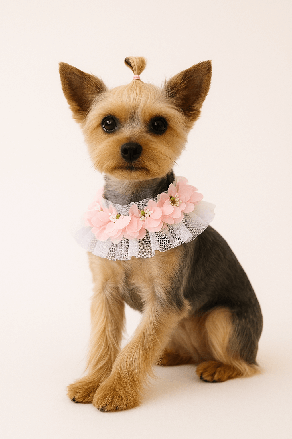 Egyedi és varázslatos kutyagallér – minden kutyus megérdemel egy kis tündérmesét 1 Yorkshire terrier kutya rózsaszín virágos nyakdíszben, világos háttér előtt ülve, professzionális stúdiófotón