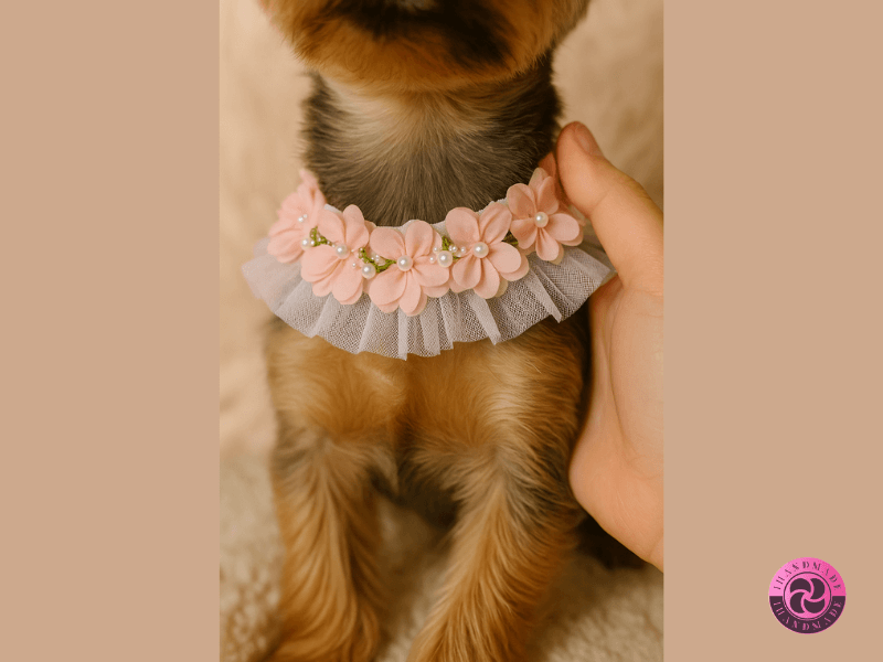 Egyedi és varázslatos kutyagallér – minden kutyus megérdemel egy kis tündérmesét 2 Kézzel készült rózsaszín virágos nyakdísz kis kutyán, közelről fotózva, logóval a sarokban