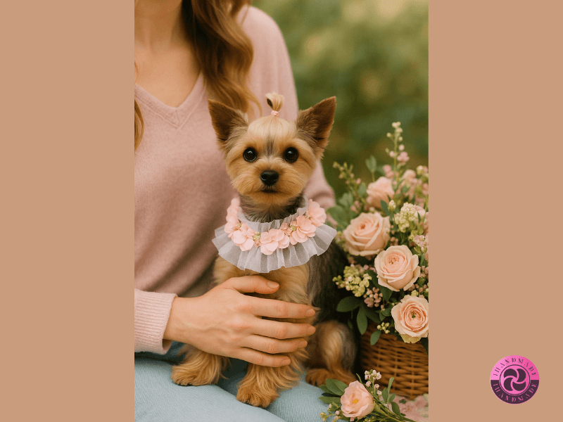 Egyedi és varázslatos kutyagallér – minden kutyus megérdemel egy kis tündérmesét 5 Yorkshire terrier rózsaszín virágos nyakdíszben ül gazdája ölében, virágkosár mellett, tavaszi kertben