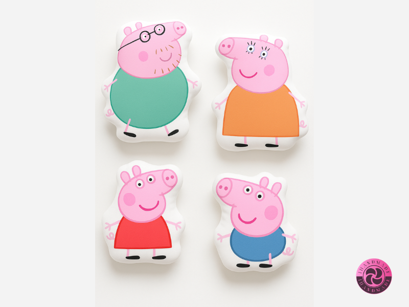 Egyedi formapárna gyerekeknek 3 Peppa malac család tagjait ábrázoló négy darab formapárna fehér háttéren: Peppa, Zsoli, Anya malac és Apa malac egyedi kézműves kivitelben.