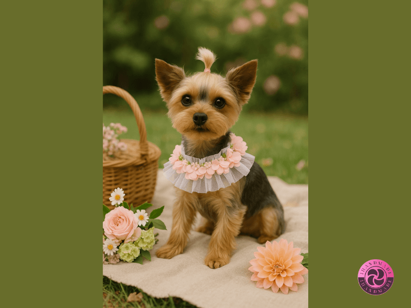 Egyedi és varázslatos kutyagallér – minden kutyus megérdemel egy kis tündérmesét 4 Yorkshire terrier rózsaszín virágos nyakdíszben piknikhangulatú kertben, virágokkal és kosárral, "handmade" logóval