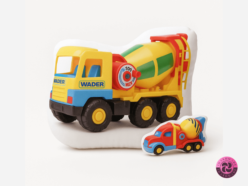 Egyedi formapárna gyerekeknek 4 Színes, WADER márkájú betonkeverő teherautót ábrázoló formapárna, mellette egy kisebb méretű játékautóval, fehér háttér előtt.