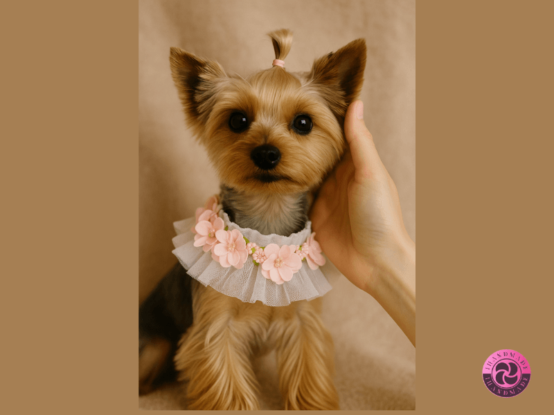 Egyedi és varázslatos kutyagallér – minden kutyus megérdemel egy kis tündérmesét 3 Yorkshire terrier kézműves virágos nyakdíszben – egyedi kutyakiegészítő termékfotó
