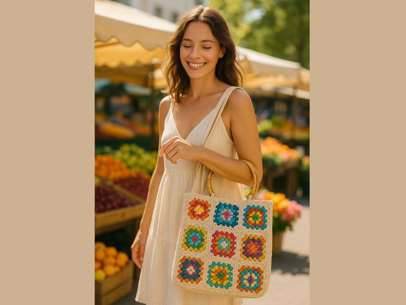 Mosolygó nő világos nyári ruhában, kezében színes, kézzel készült horgolt BellaVita táskával, granny square mintával, szabadtéri piacon sétálva.