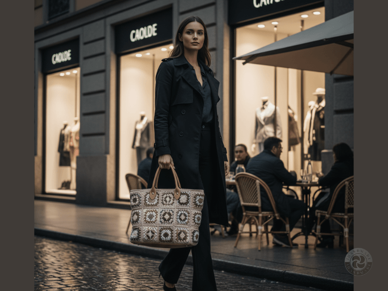 Milano Notte – egyedi kézműves városi táska olasz eleganciával 2 Elegáns nő kézzel horgolt patchwork táskával egy városi bevásárlóutcában, luxusüzletek és kávézó előtt.