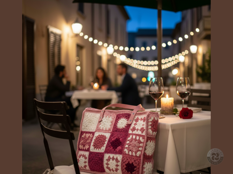 Milano Notte – egyedi kézműves városi táska olasz eleganciával 5 Rózsaszín horgolt patchwork táska gyertyafényes vacsorahelyszínen, borospoharakkal és rózsával