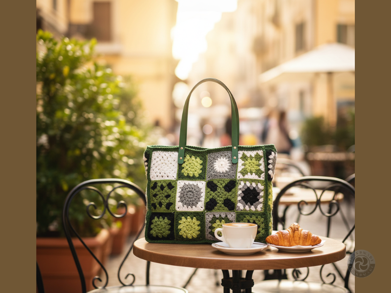 Milano Notte – egyedi kézműves városi táska olasz eleganciával 4 Zöld árnyalatú horgolt patchwork táska kávézóasztalon, cappuccinóval és croissant-nal