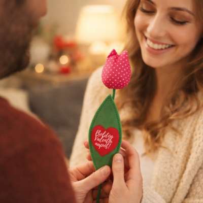 örök virág Valentin napra kézzel készült filc tulipán ajándékozása romantikus pillanatban