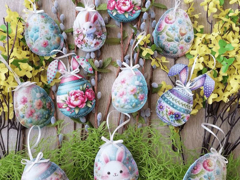 🐣 Névre szóló húsvéti dekoráció – Egyedi, kézzel készült filc tojás, nyuszi és pipi 5 Húsvéti tojás alakú függődíszek nyuszis és virágmintás mintákkal, barkás ágakkal és sárga tavaszi virágokkal fa háttéren
