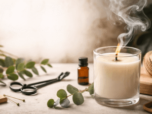 Füstölgő fehér illatgyertya üvegpohárban, mellette kanócvágó olló, borostyánszínű illóolajos üveg és eukaliptusz ágak természetes, bézs háttérrel.