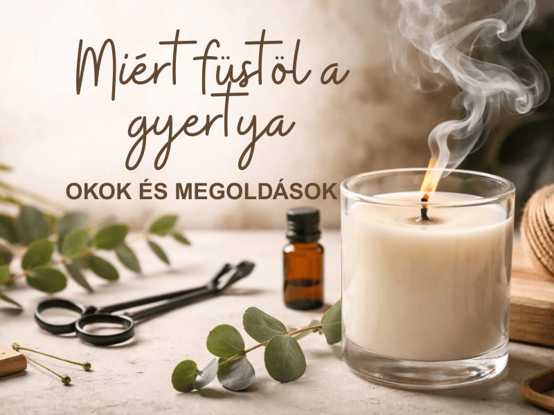 Füstölgő fehér illatgyertya üvegpohárban, mellette kanócvágó olló, illóolajos üveg és eukaliptusz ágak természetes háttérrel.