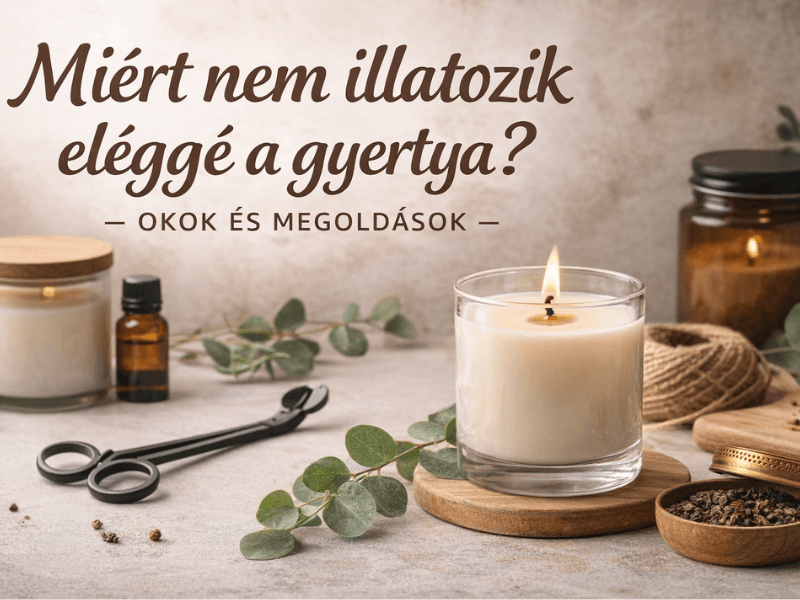 Égő, üvegpoharas illatgyertya természetes dekorációval – eukaliptusz ágak, illóolajos üveg, gyertyavágó olló és fűszerek – letisztult, bézs tónusú enteriőrben, a képen a felirat: „Miért nem illatozik eléggé a gyertya? – Okok és megoldások”.