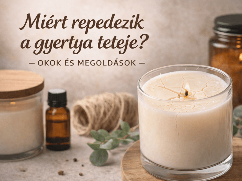 Miért repedezik a gyertya teteje? – Okok és megoldások 2 Repedezett tetejű, üvegpoharas illatgyertya égő kanóccal, natúr fa alátéten, mellette borostyánszínű üveg, zsineg és eukaliptusz ágak; a képen a felirat: „Miért repedezik a gyertya teteje? – Okok és megoldások”.