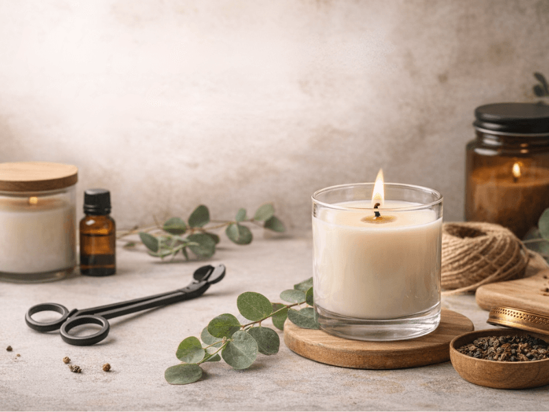 Égő, krémszínű illatgyertya üvegpohárban fa alátéten, körülötte eukaliptusz ágak, gyertyavágó olló, borostyánszínű illóolajos üveg és természetes dekor elemek bézs, letisztult háttér előtt.