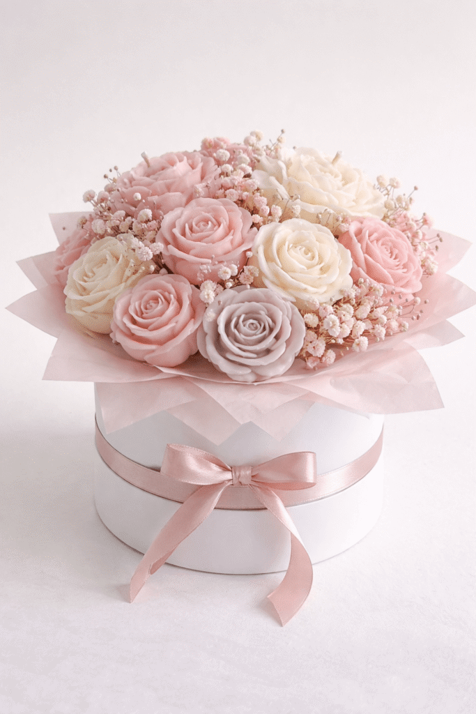 Rozsaszin–krem gyertya viragcsokor diszdobozban