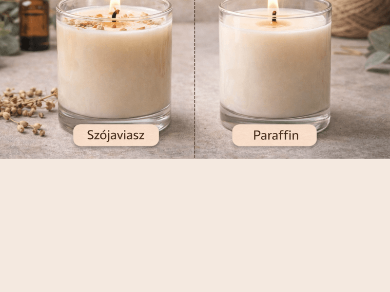 Két égő, üvegpoharas gyertya összehasonlító képen: bal oldalon „Szójaviasz” felirattal, enyhén texturált felszínnel, jobb oldalon „Paraffin” felirattal, sima viaszfelülettel, letisztult, natúr háttér előtt.