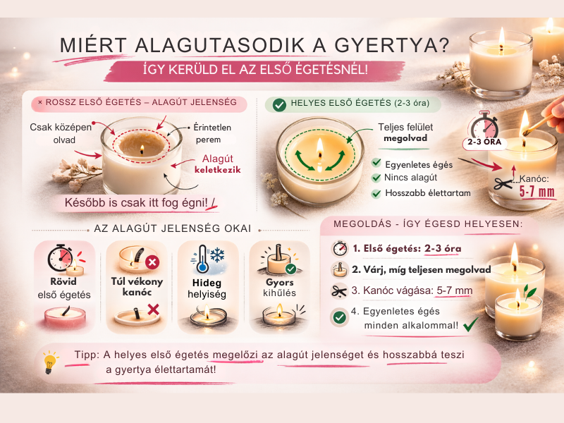 Infografika arról, miért alagutasodik a gyertya, és hogyan előzhető meg az alagút jelenség helyes első égetéssel