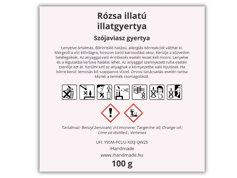 Rózsa illatú szójaviasz gyertya címkéje biztonsági piktogramokkal és GHS veszélyjelölésekkel