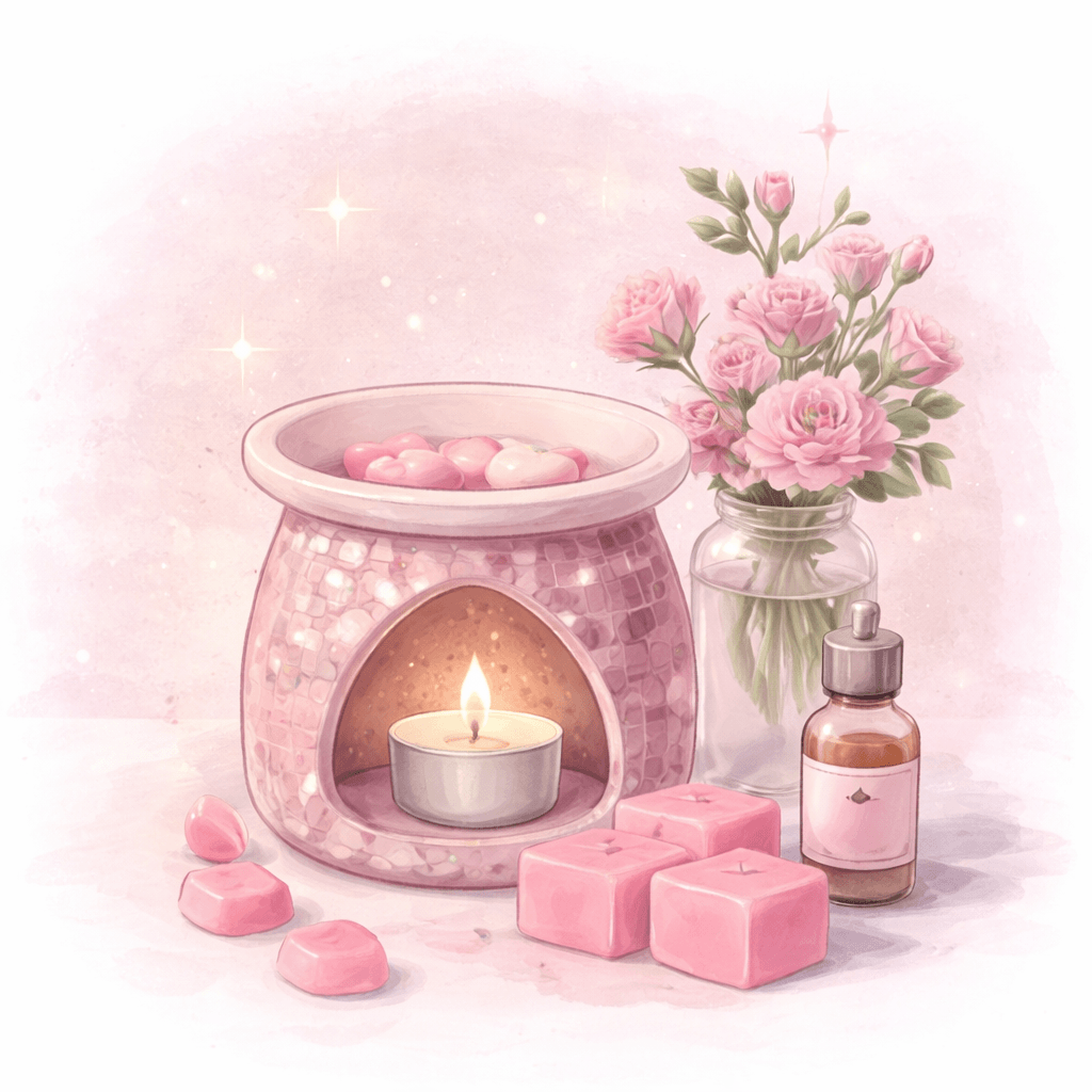 illatos viasz aromalámpában rózsaszín virágokkal, otthoni illatviasz készítés hangulat
