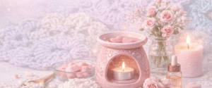 illatviasz készítés otthon prémium hangulatban aromalámpával, rózsaszín virágokkal és illatviasz kockákkal