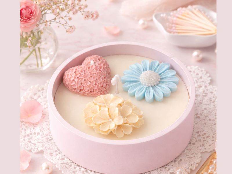 virágos kézműves gyertya hangulatfotó romantikus dekorációval szójaviaszból