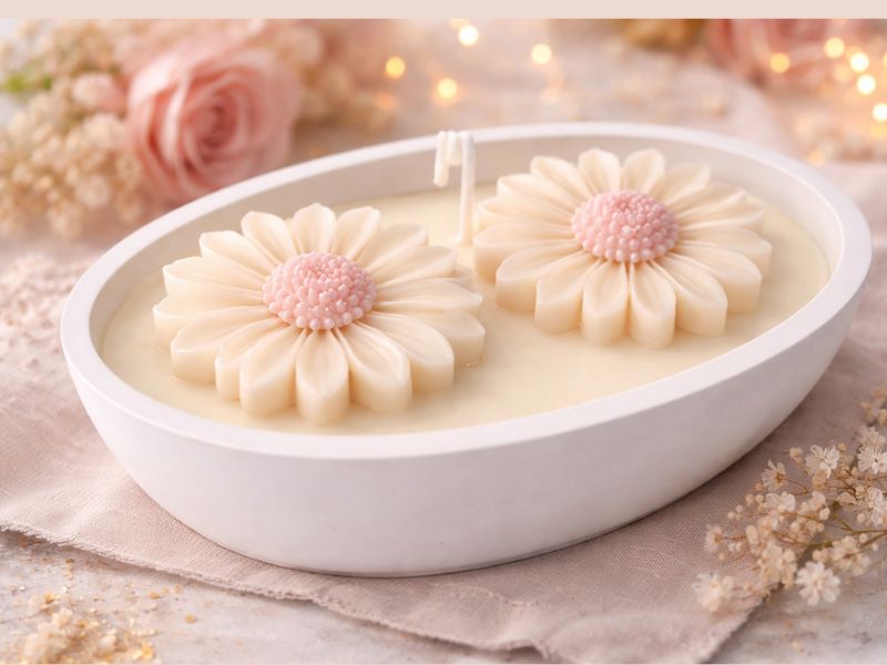 Virág gyertya tálban krém és rózsaszín színekben, elegáns prémium dekoráció